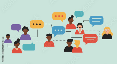 Diverse people interconnected with speech bubbles, illustrating communication and networking
