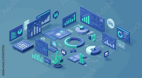 Isometric data analysis and business intelligence visualization illustration concept