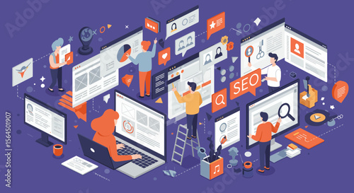 Isometric illustration depicting website design and development with team collaboration