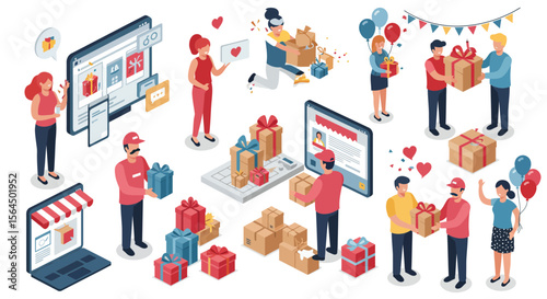 Isometric vector illustration depicting online shopping and delivery services for gifts