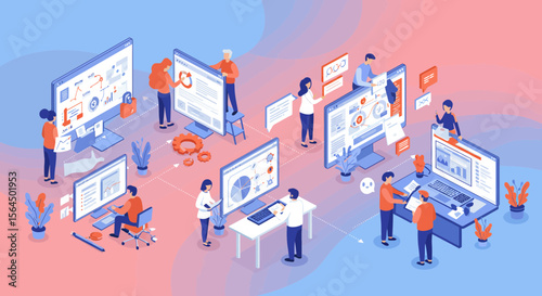 Isometric illustration depicting a collaborative software development team working on computers