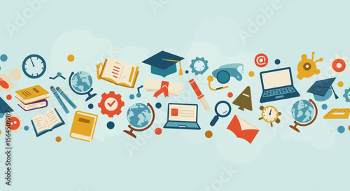 Seamless pattern of education elements with vibrant icons on a light backdrop