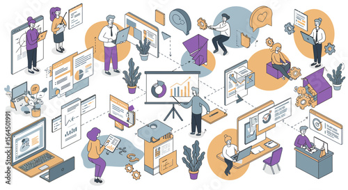 Isometric business workflow illustration showing data analysis and teamwork concepts