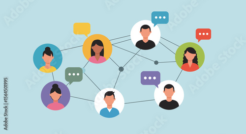 Illustration of a Social Network with Connected People and Speech Bubbles