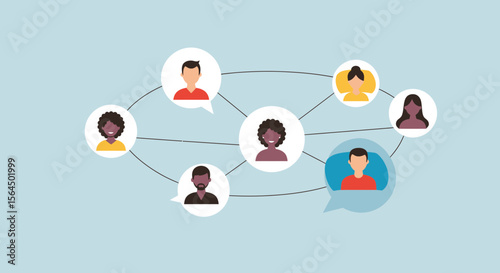 Diverse network connecting people through communication represented by avatars with speech bubbles