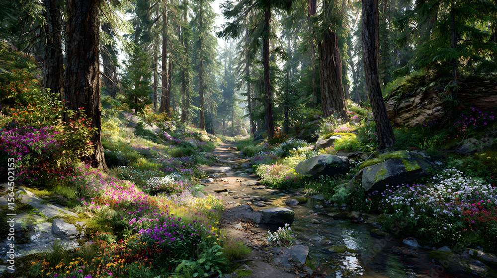 Obraz premium Enchanted Mountain Trail: A Serene Journey through Lush Forests and Crystal Streams