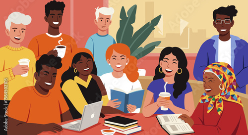 Diverse group of people working and socializing in a modern and vibrant co-working space