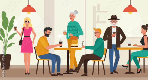 A vibrant coffee shop scene showcasing diverse individuals enjoying their time together
