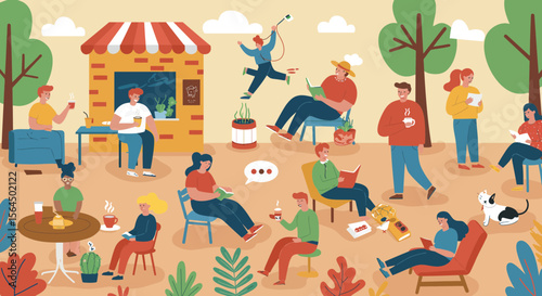 People enjoying coffee and reading outdoors near a cafe in a relaxed atmosphere