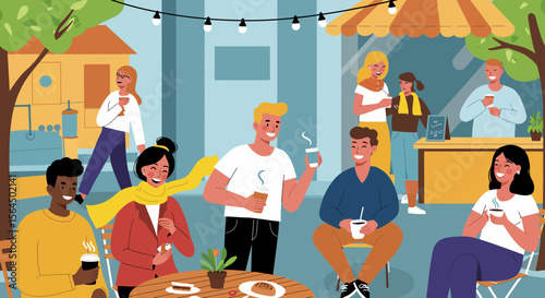 Diverse group of people enjoying coffee at an outdoor cafe with a lively ambiance