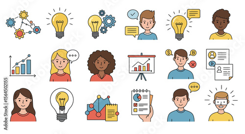 Diverse business people and idea icons, representing teamwork and brainstorming concept
