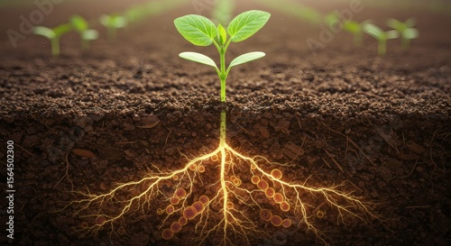 A young plant in a farm field, with detailed underground roots glowing with microbial life.