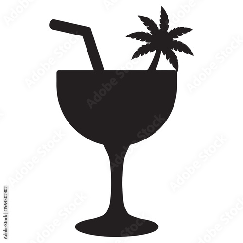 Tropical cocktail with palm tree and straw silhouette on white background