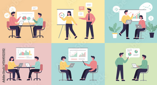 Diverse collaborative business meetings and presentations showcasing data analysis and communication