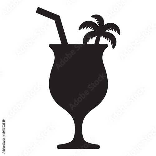 Tropical cocktail with palm tree and straw silhouette for summer vacation and beach party