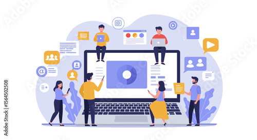 Team collaboration illustration for online marketing and social media engagement strategy