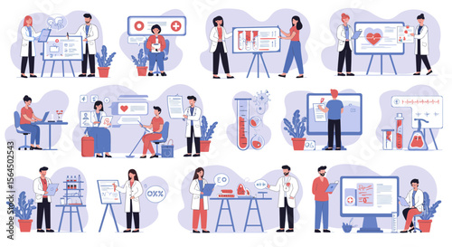 Illustrations depicting medical professionals in various healthcare settings and activities