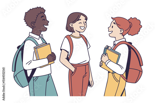 Diverse group of smiling students with backpacks and books engaged in conversation representing education and friendship