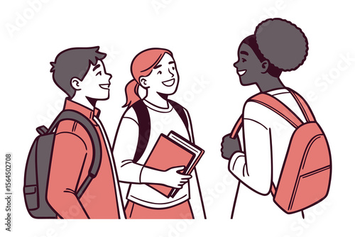 Diverse group of three smiling students wearing backpacks and holding books engaging in a friendly conversation on a white background
