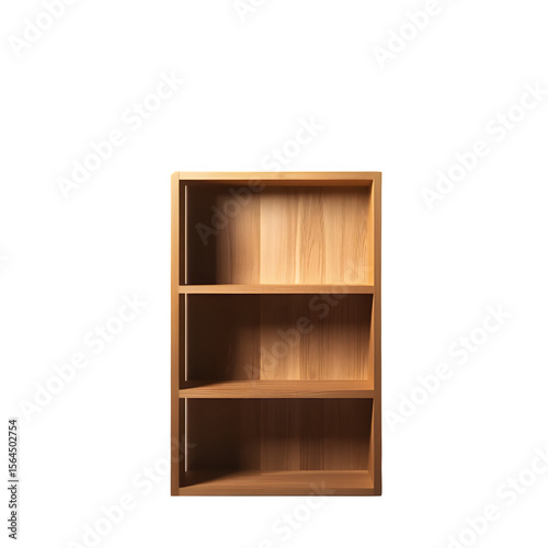 Modern wooden bookshelf PNG – transparent background, three-tier design, flat and minimal style, close-up view, clean lines, isolated furniture image, high quality

