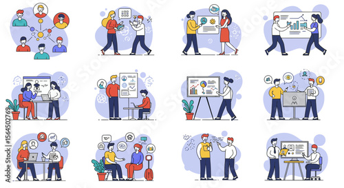 Diverse illustrations of modern business meetings and collaborative work environments