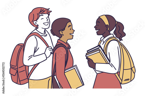 Diverse group of happy students with backpacks and books engaged in conversation illustrating friendship and learning together