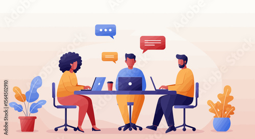 Diverse professionals collaborating and communicating with laptops and chat bubbles