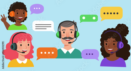 Diverse cartoon customer service representatives with headsets and speech bubbles
