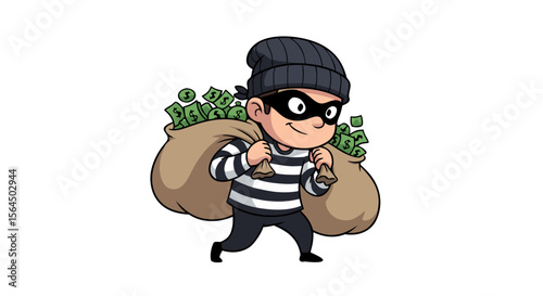 Cartoon Thief with Burlap Sacks of Cash – Playful Vector Art for Themed Projects andit Carrying Money Bags – Whimsical Vector Illustration for Humor or Warnings 