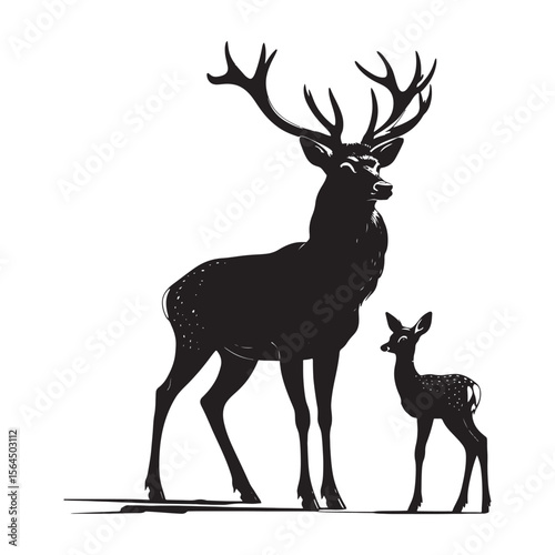 Majestic stag and fawn standing together in a striking black silhouette