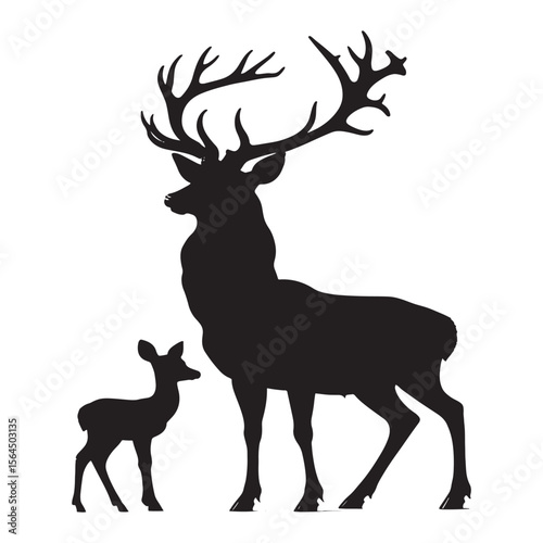 Majestic stag and fawn standing together in a classic black silhouette