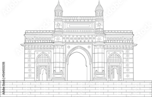 Iconic Gateway of India outline drawing, a historical Mumbai landmark, ideal for educational and design uses.