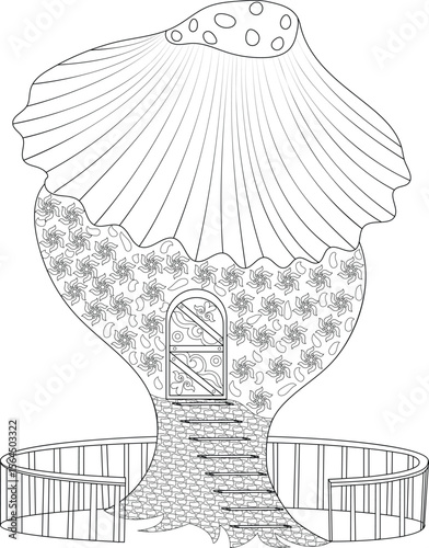 Detailed line art of a magical mushroom house with elaborate patterns and steps, ideal for children's coloring and fantasy themes.