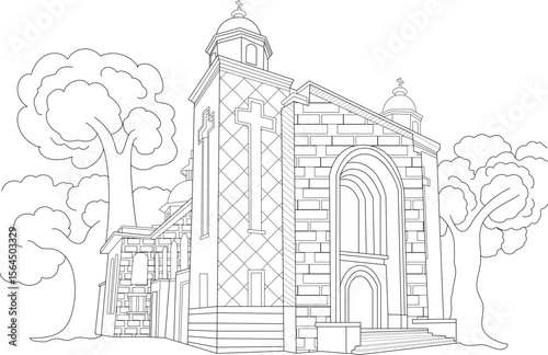 Don Bosco High School Matunga line art illustration. Architectural outline drawing of a historic school building in Mumbai.