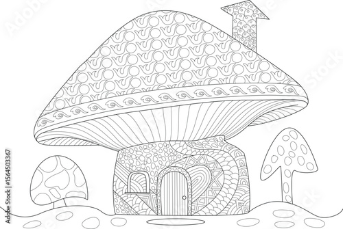 Detailed black and white line art of a whimsical mushroom house with intricate patterns, ideal for coloring books and creative projects.