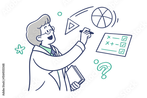 Enthusiastic scientist in a lab coat draws geometric shapes and solves a math problem with a checklist representing learning and discovery