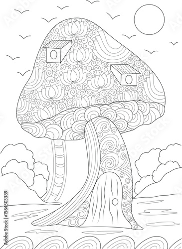 Intricate Mushroom House Coloring Page for Adults and Kids. Detailed Fantasy Toadstool Dwelling with Zen Patterns, Birds, and Nature Elements for Relaxation and Creativity.