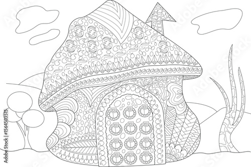 Whimsical Mushroom House Coloring Page for Kids and Adults - Intricate Doodle Art Fantasy Cottage Line Drawing with Detailed Zentangle Patterns