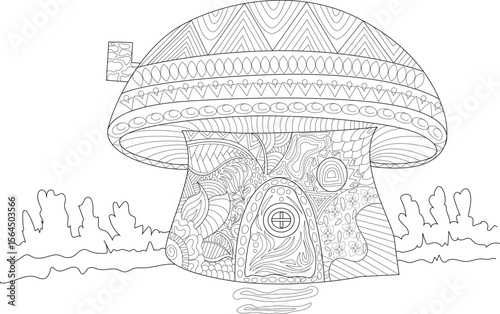 Fantasy Mushroom House Zentangle Line Art. Detailed Fairytale Home for Adult & Kids Coloring Books, Relaxation.