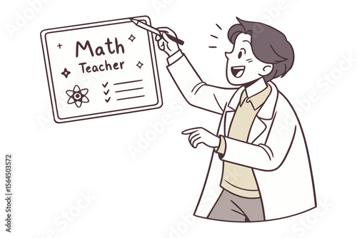 Enthusiastic male math teacher holding a stylus points to a whiteboard with math teacher and scientific symbols