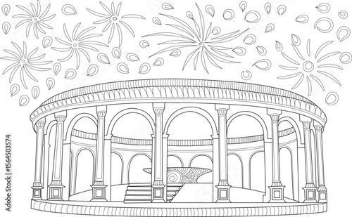 Detailed line art illustration of Utsav Chowk style festive pavilion, featuring fireworks and intricate design, ideal for coloring.