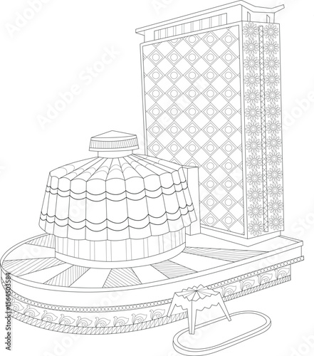 Architectural line drawing of Vidhan Bhavan, Mumbai. Ideal for Indian cultural and governmental themes, black and white outline.