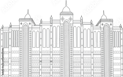 Saifee Hospital architectural line drawing, Mumbai landmark, healthcare building outline, iconic Indian hospital illustration.