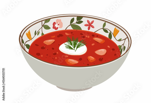 Red soup with herbs and cream in a decorative bowl  