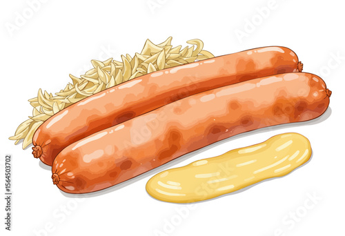 Sausages with mustard and pasta on white background  