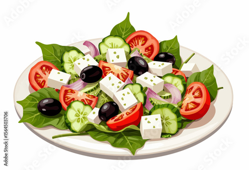 Colorful salad with cucumbers, tomatoes, olives, and feta cheese  