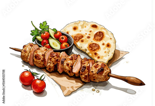 Grilled kebab skewer with vegetables and flatbread on a plate  