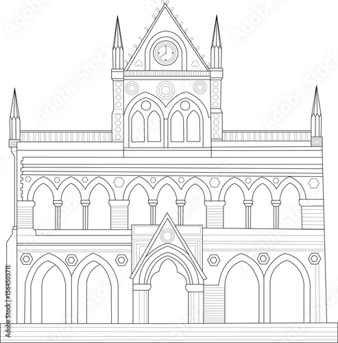 Architectural line drawing of David Sassoon Library, Mumbai, India, a landmark with Gothic Revival details.