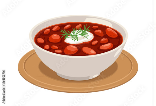 Red bean soup in white bowl garnished with dill on wooden plate  