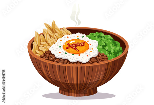 Cooked meal with rice, beans, and fried egg in wooden bowl  